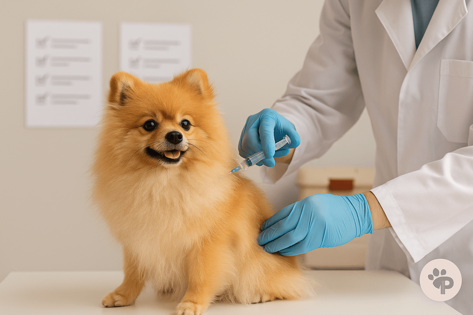 Spitz Alemão em consulta veterinária recebendo vacina; saúde preventiva e calendário no Brasil.